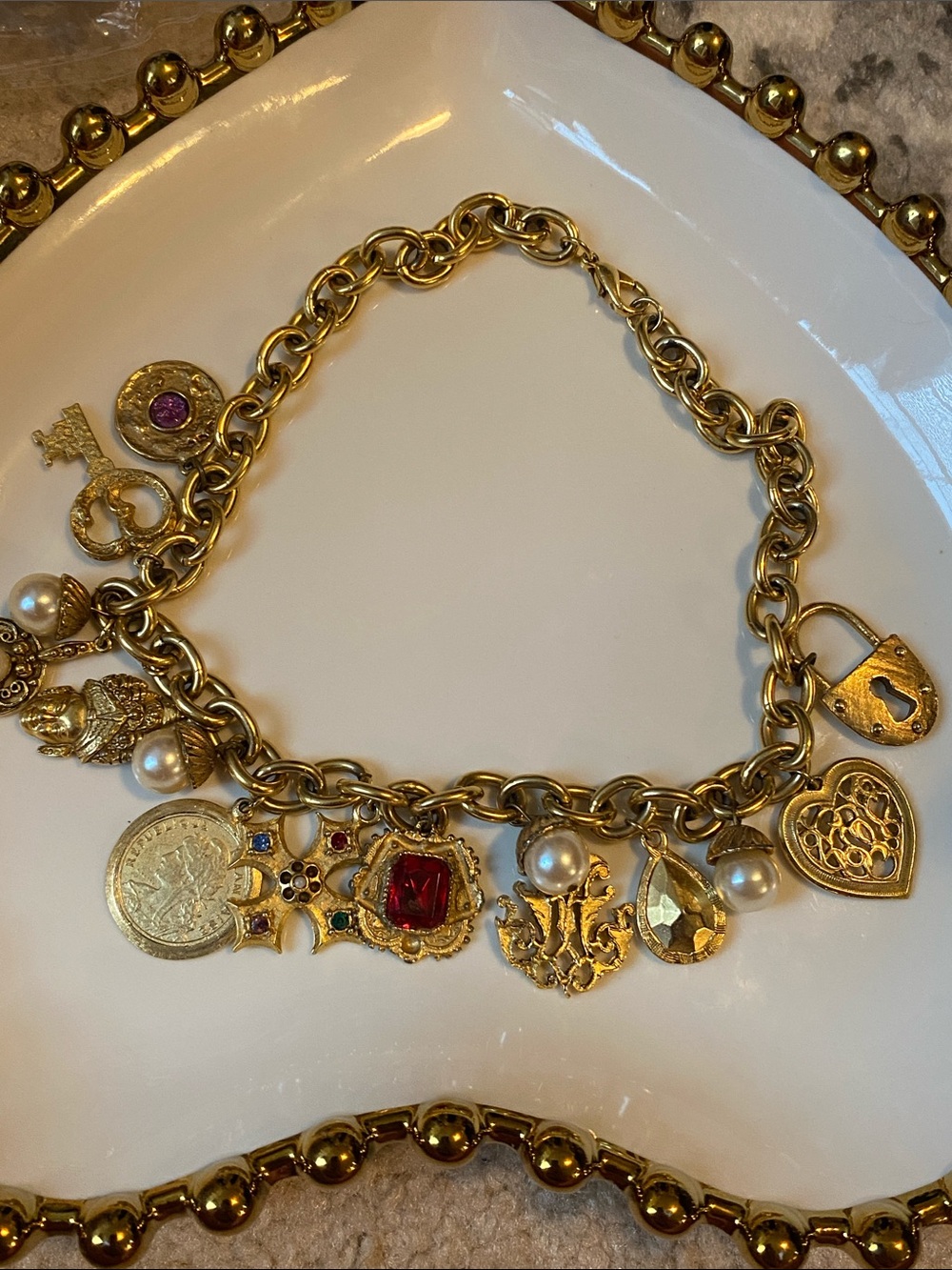 RARE VTG Matte Gold French Etruscan Charm Necklace